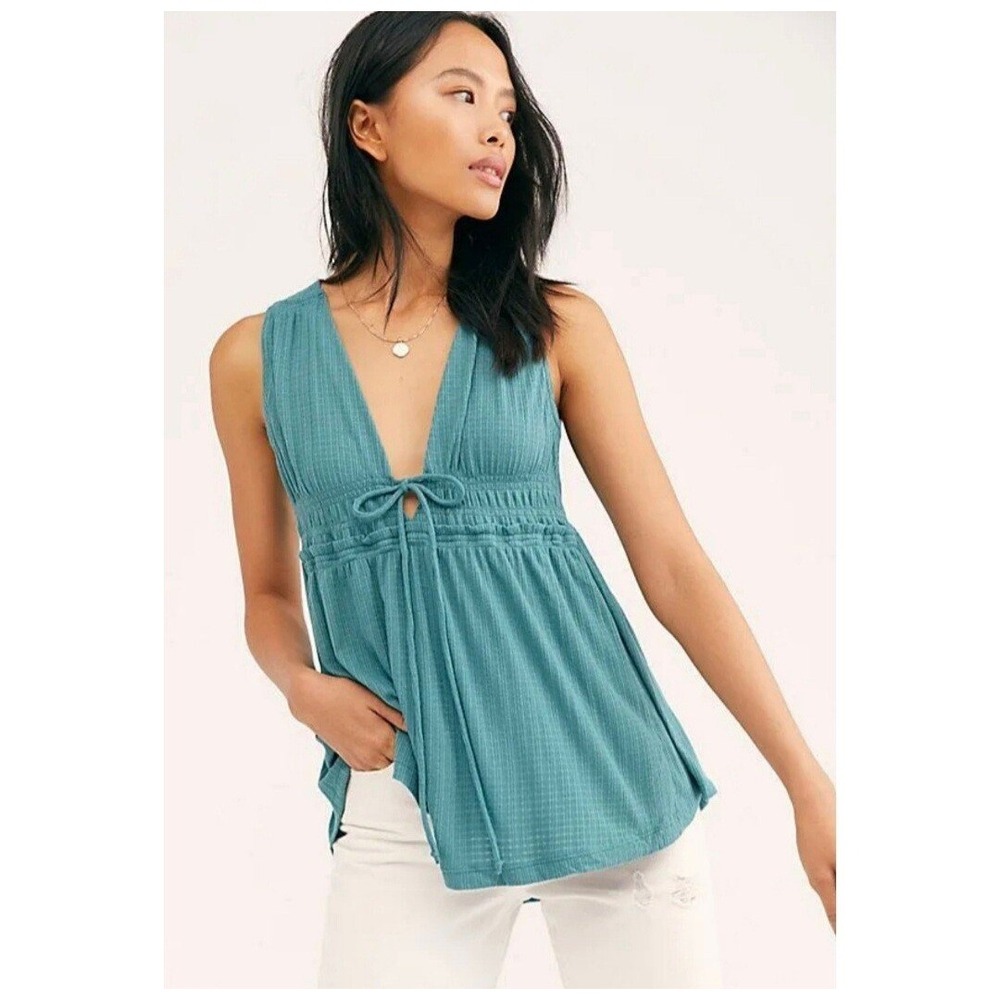 Boho Costal Free People Teal Ribbed Smocked Tie Neck Sleeveless Tunic Top Medium